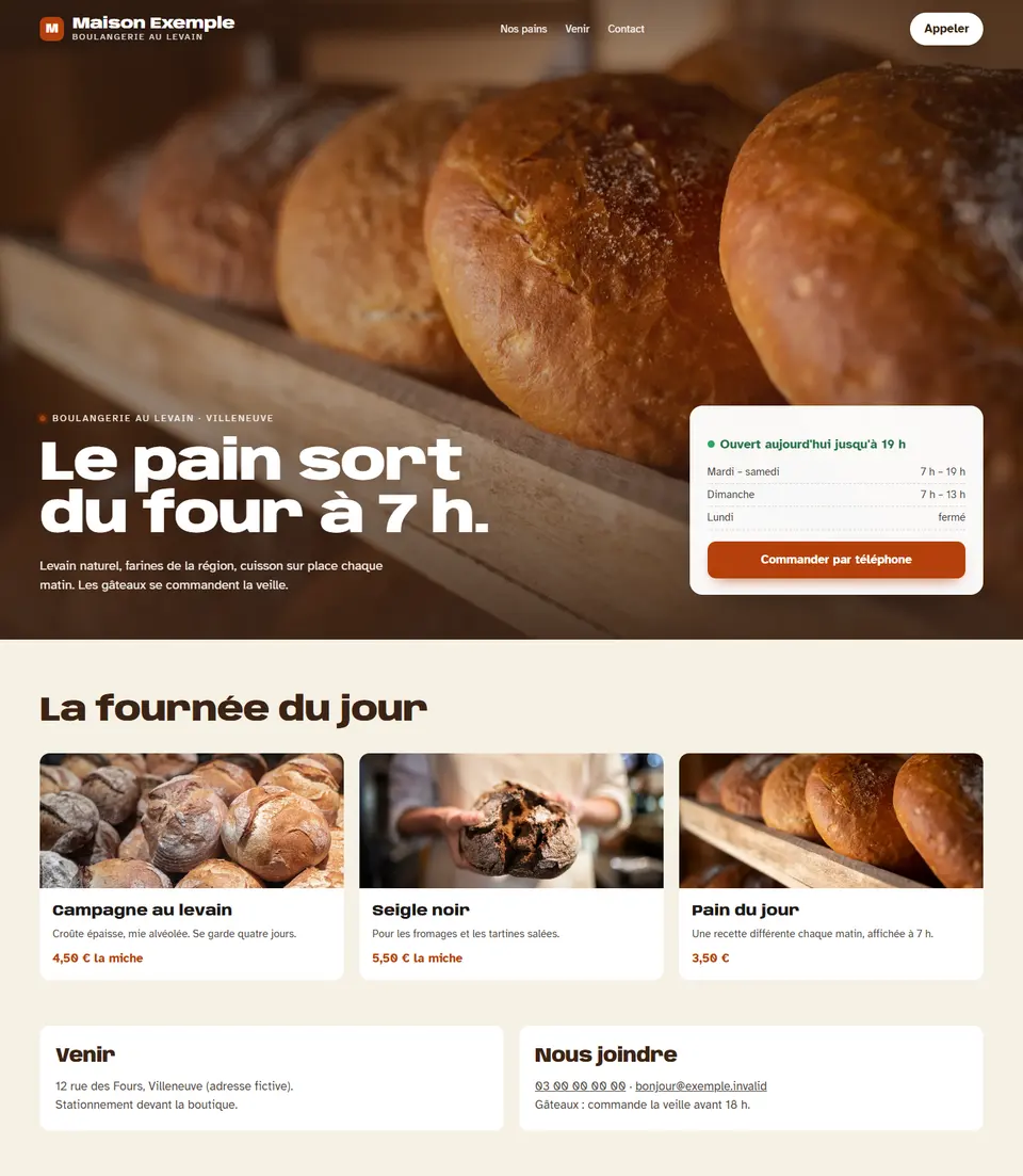 Maison Exemple, site d’exemple, sur un ordinateur : « Le pain sort du four à 7 h. »