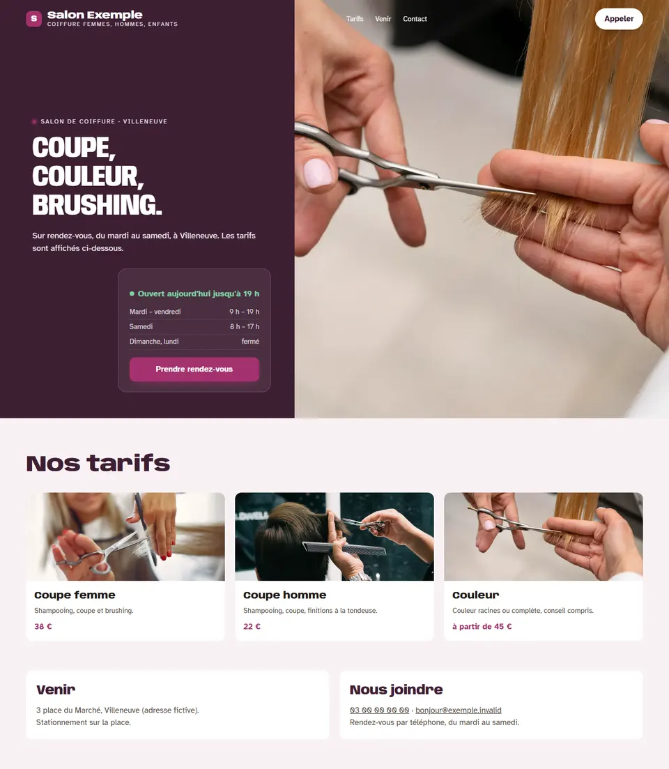Salon Exemple, site d’exemple, sur un ordinateur : « Coupe, couleur, brushing. »