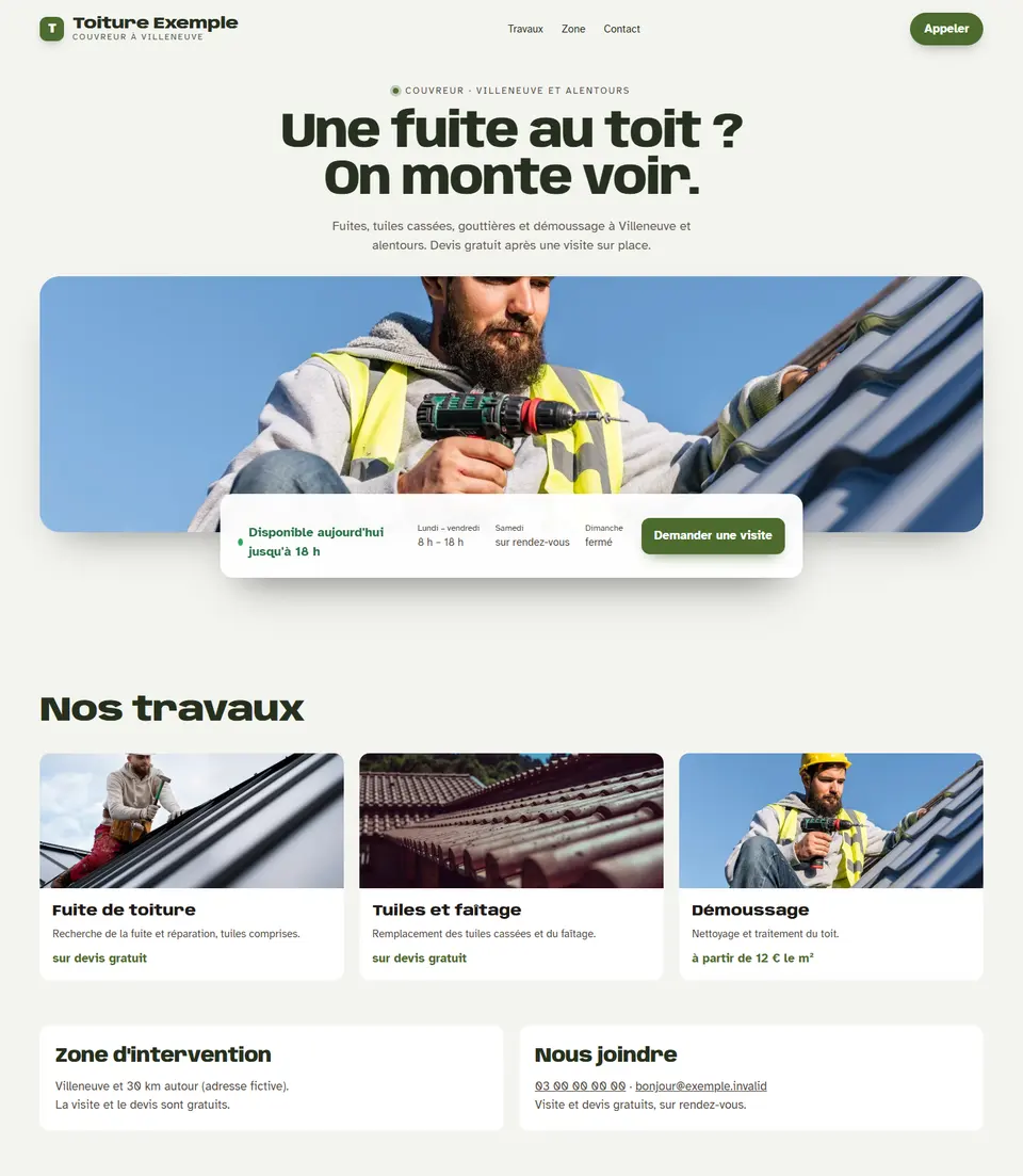 Toiture Exemple, site d’exemple, sur un ordinateur : « Une fuite au toit ? On monte voir. »