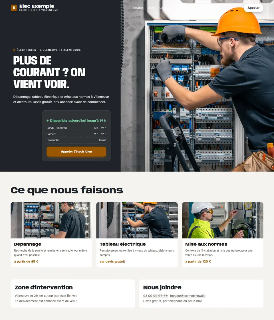 Élec Exemple, site d’exemple, sur un ordinateur : « Plus de courant ? On vient voir. »