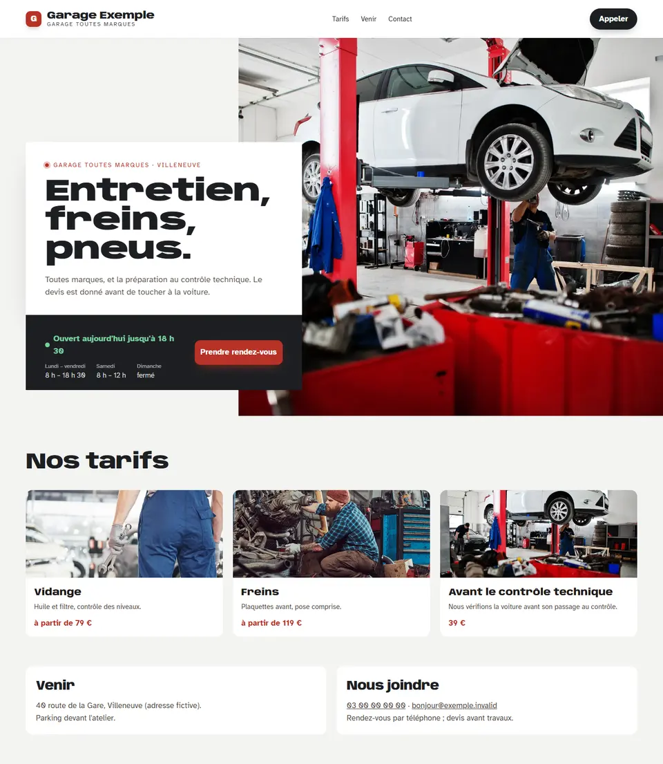 Garage Exemple, site d’exemple, sur un ordinateur : « Entretien, freins, pneus. »