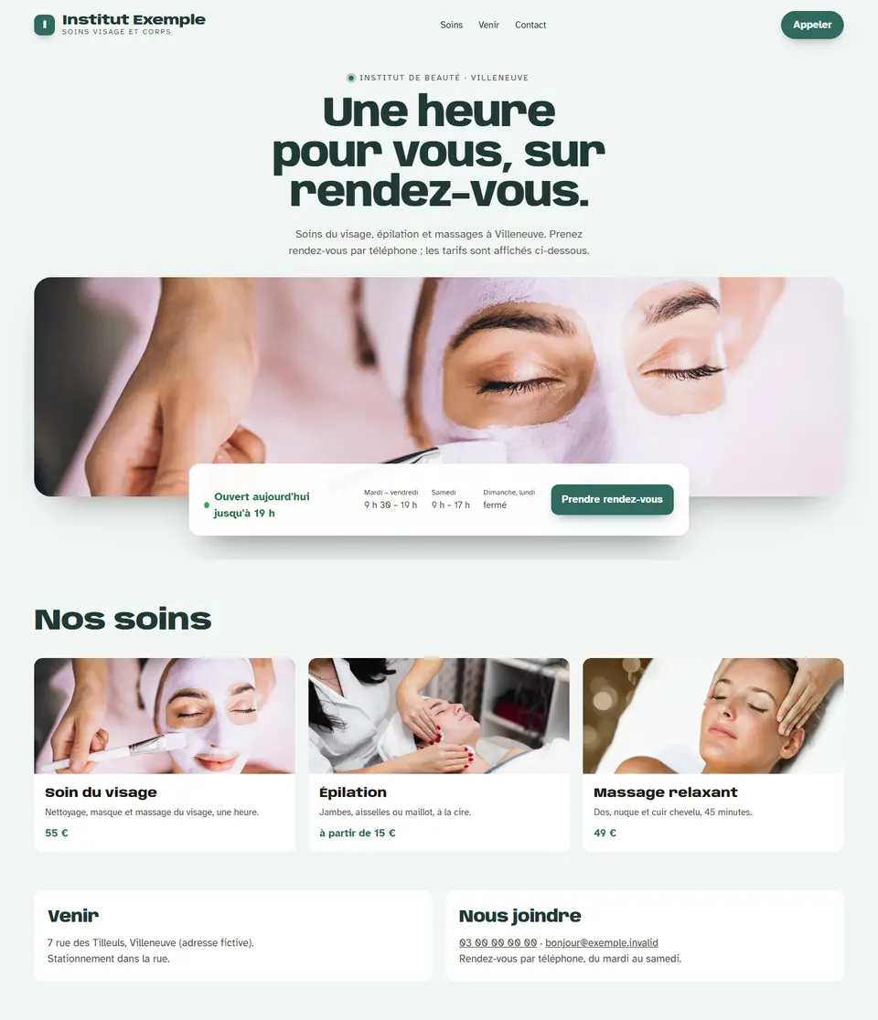 Institut Exemple, site d’exemple, sur un ordinateur : « Une heure pour vous, sur rendez-vous. »