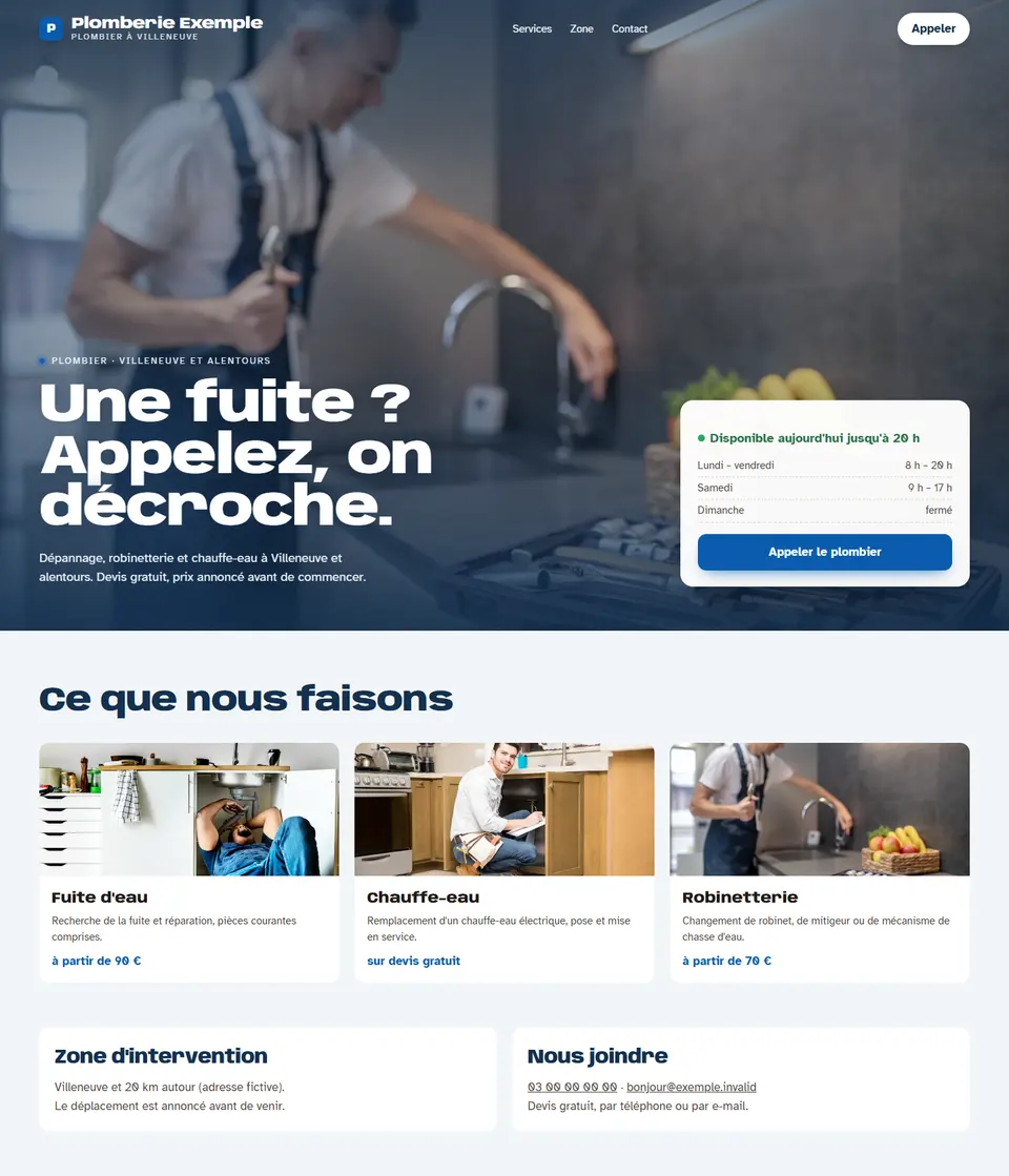 Plomberie Exemple, site d’exemple, sur un ordinateur : « Une fuite ? Appelez, on décroche. »