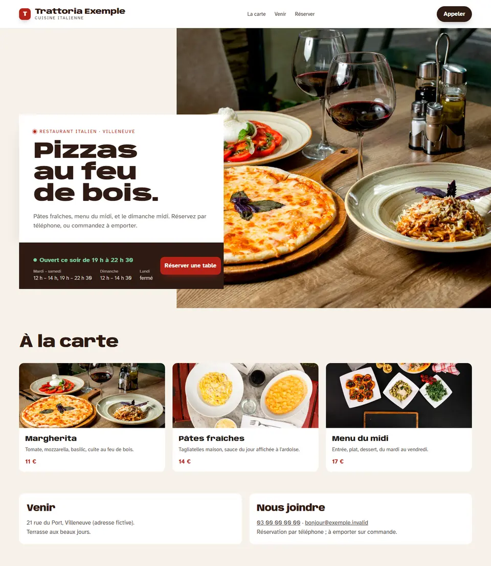 Trattoria Exemple, site d’exemple, sur un ordinateur : « Pizzas au feu de bois. »